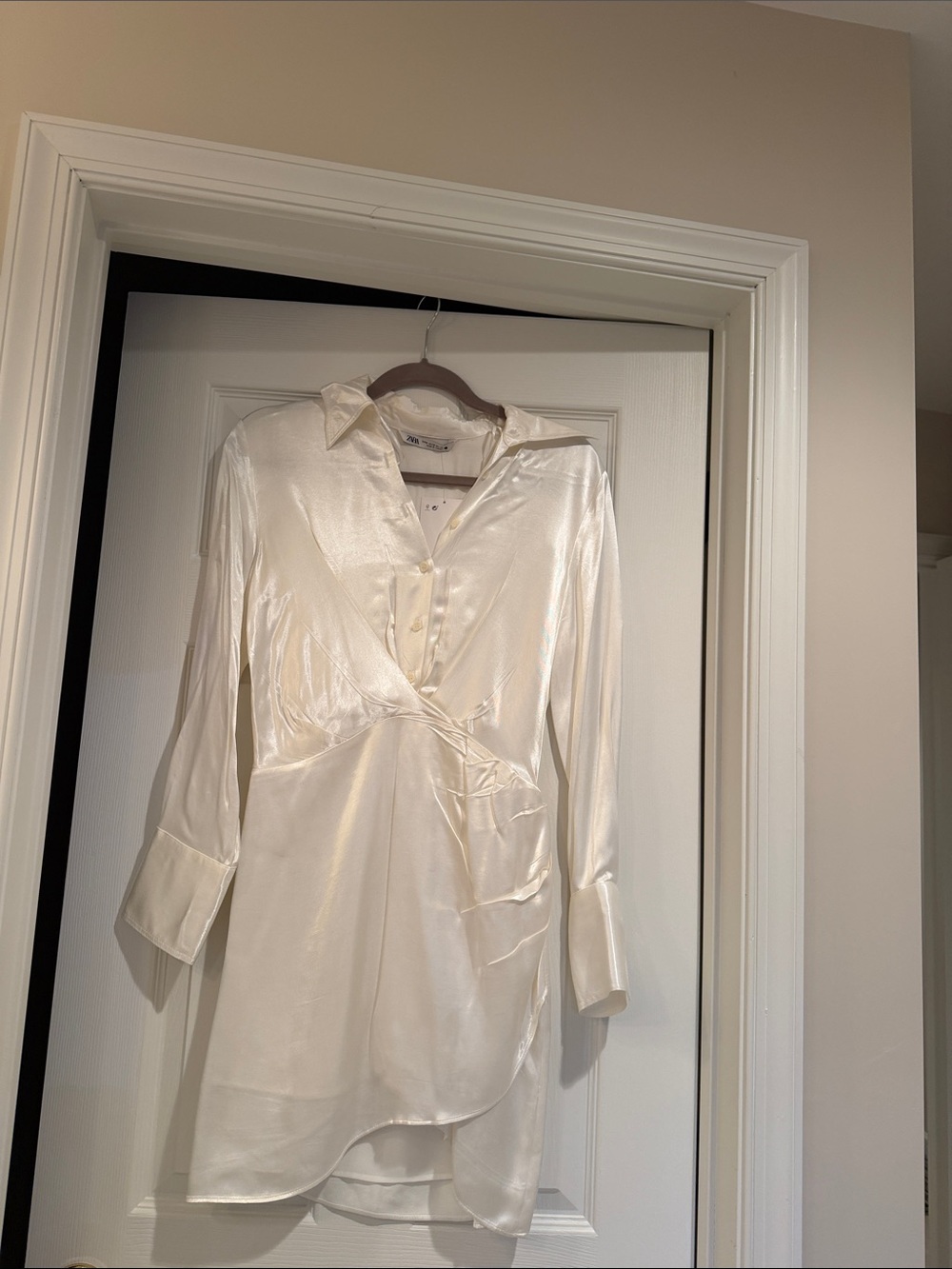 Zara Cream Satin Wrap-Front Shirt Dress
